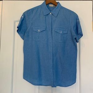 L.L.Bean Light Blue Short Sleeve Button Down Linen Shirt Size Medium